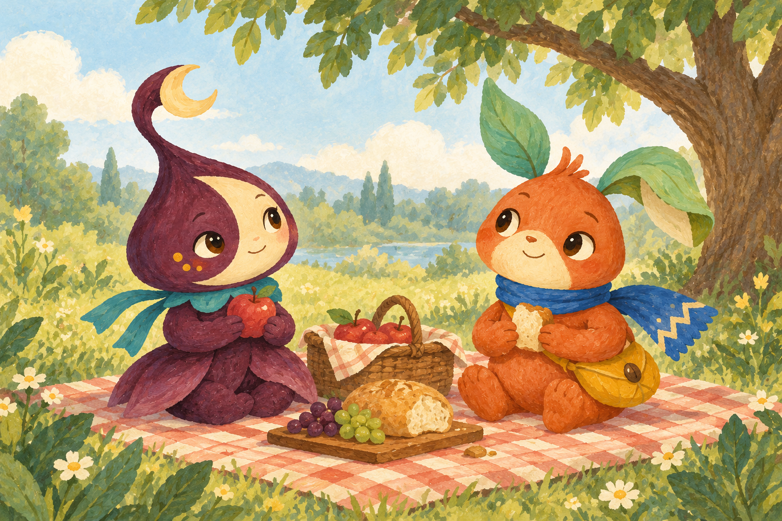 Luna and Nico talking at a park picnic
